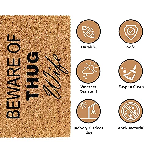 Image of Onlymat Natural Coconut Coir Beware of Thug Wife Funny Printed Anti-Slip Doormat for Home Entrance (45x75cm)