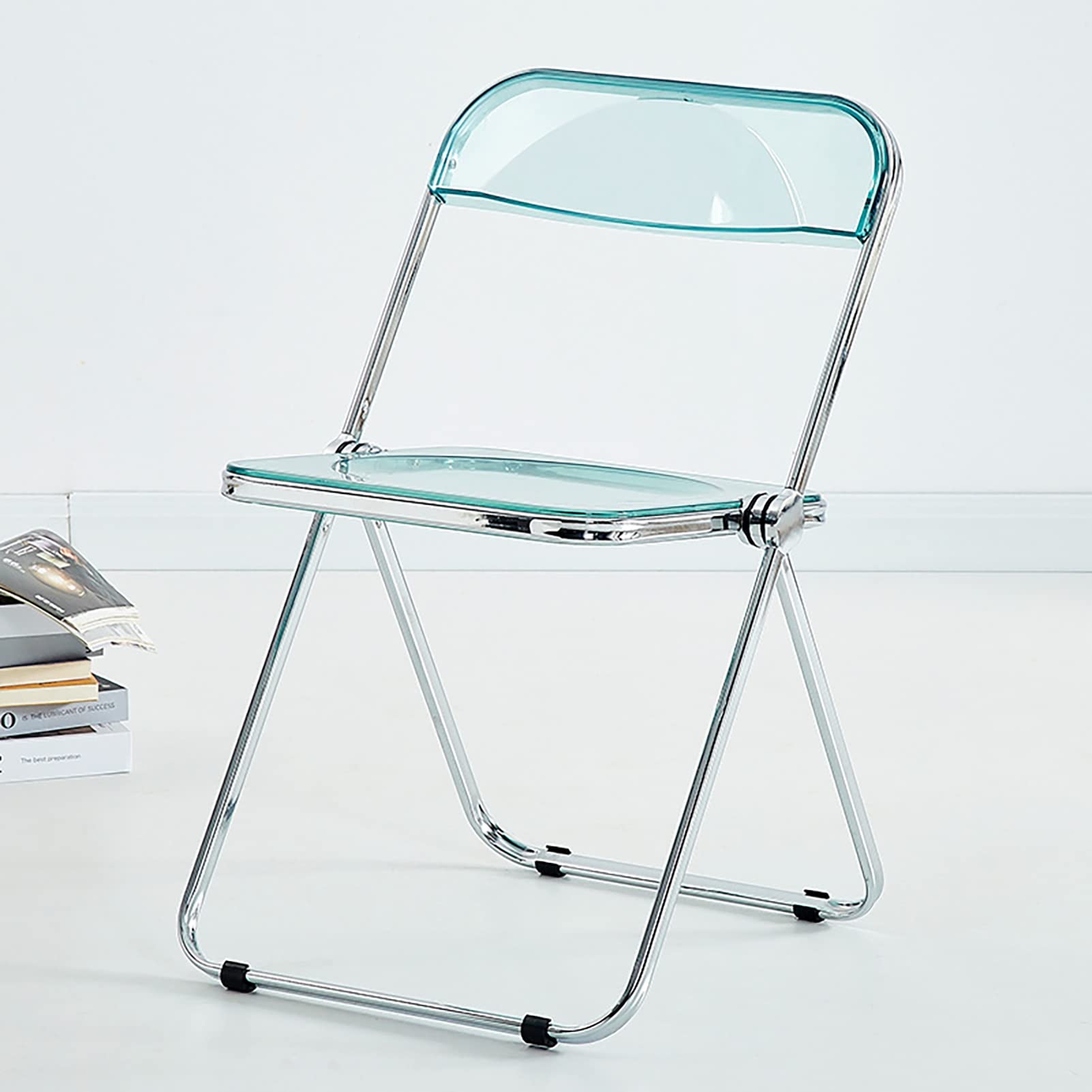 Chaise en acrylique transparent verte avec cadre en acier chromé haut de gamme