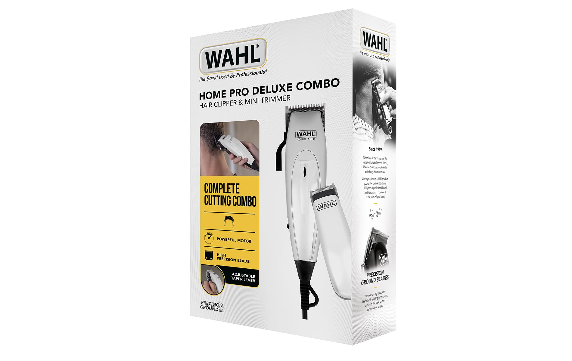 WAHL Home Pro Deluxe Combo Tondeuse Cheveux, Filaire, avec Levier pour Dégradés (1mm à 3mm), Lame Auto-Affutée de Qualité, Ne Tire Pas Les Cheveux 8 Sabots, Mini Tondeuse Pour Contours et Finitions