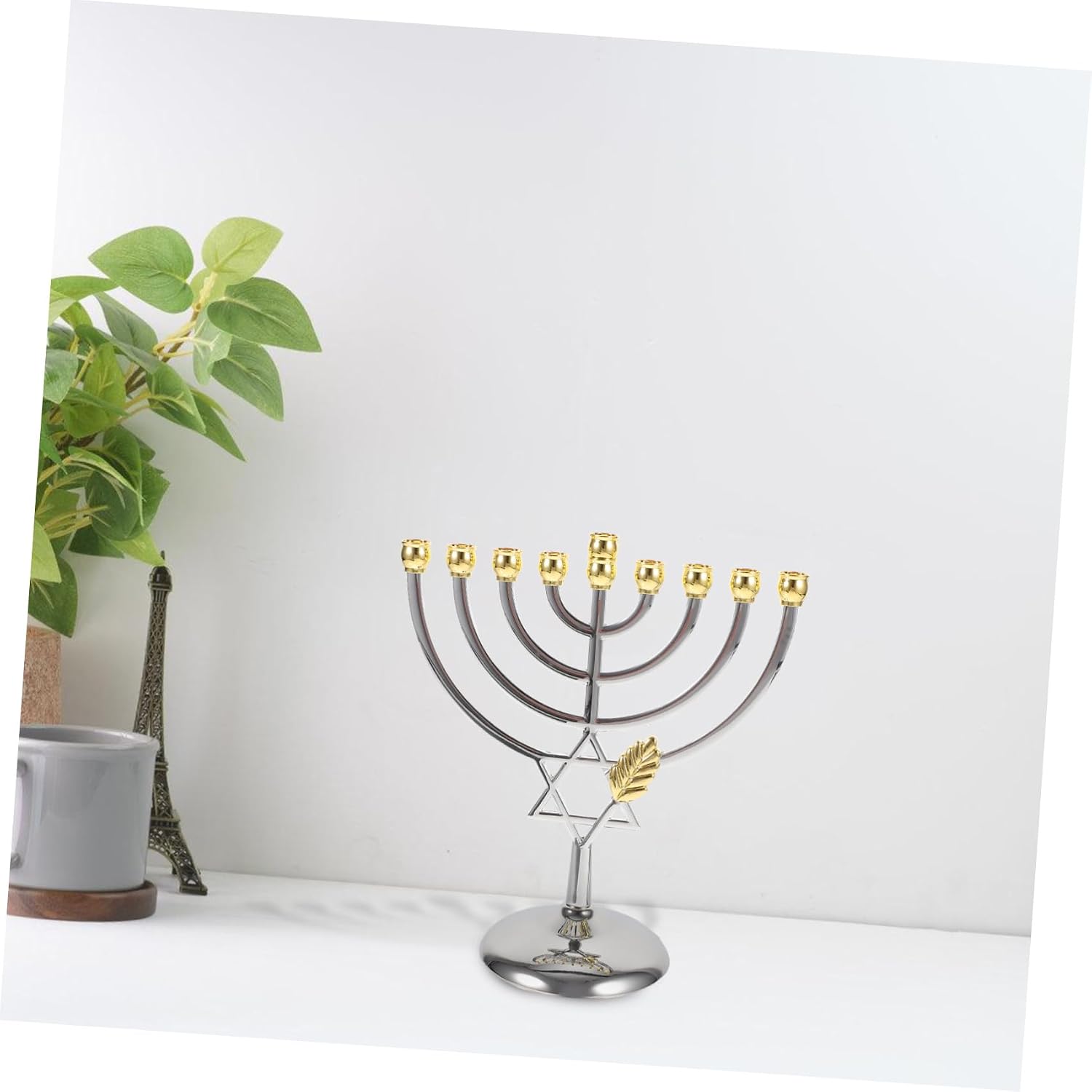 Hanukkah Menorah 9-Branch Jewish New Year Candle Holder 18cm Metal Tealight Candle Stand Tabletop Decoration Festival Ornament for Shabbat and Holiday Celebrations