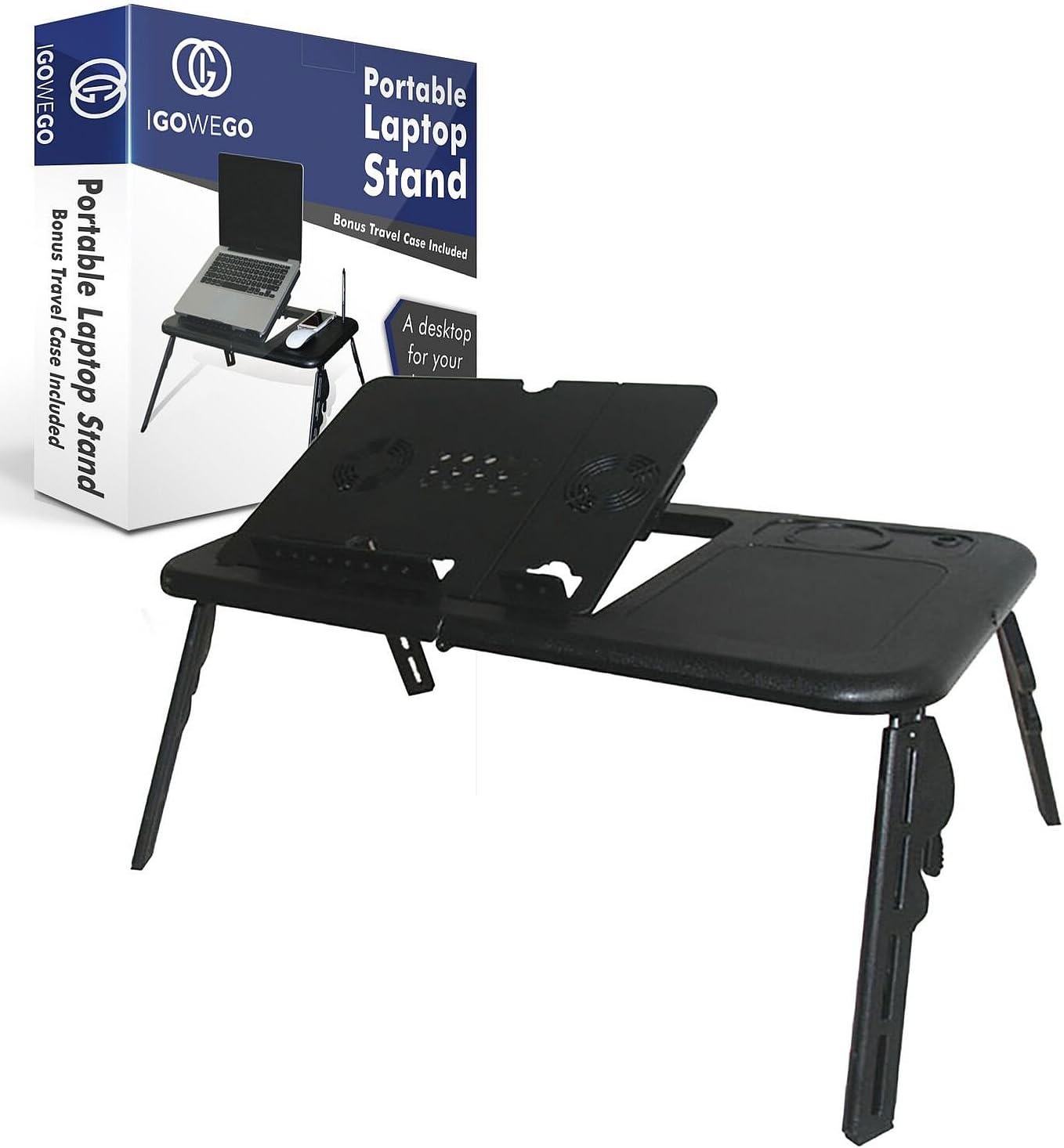 Portable Laptop Stand - Stand Up Computer Desk – Create a Better Work Space with Adjustable Height and Tilt – Use Sitting or Standing - Quiet Cooling Fan – Lightweight Foldable Set with Bonus Case