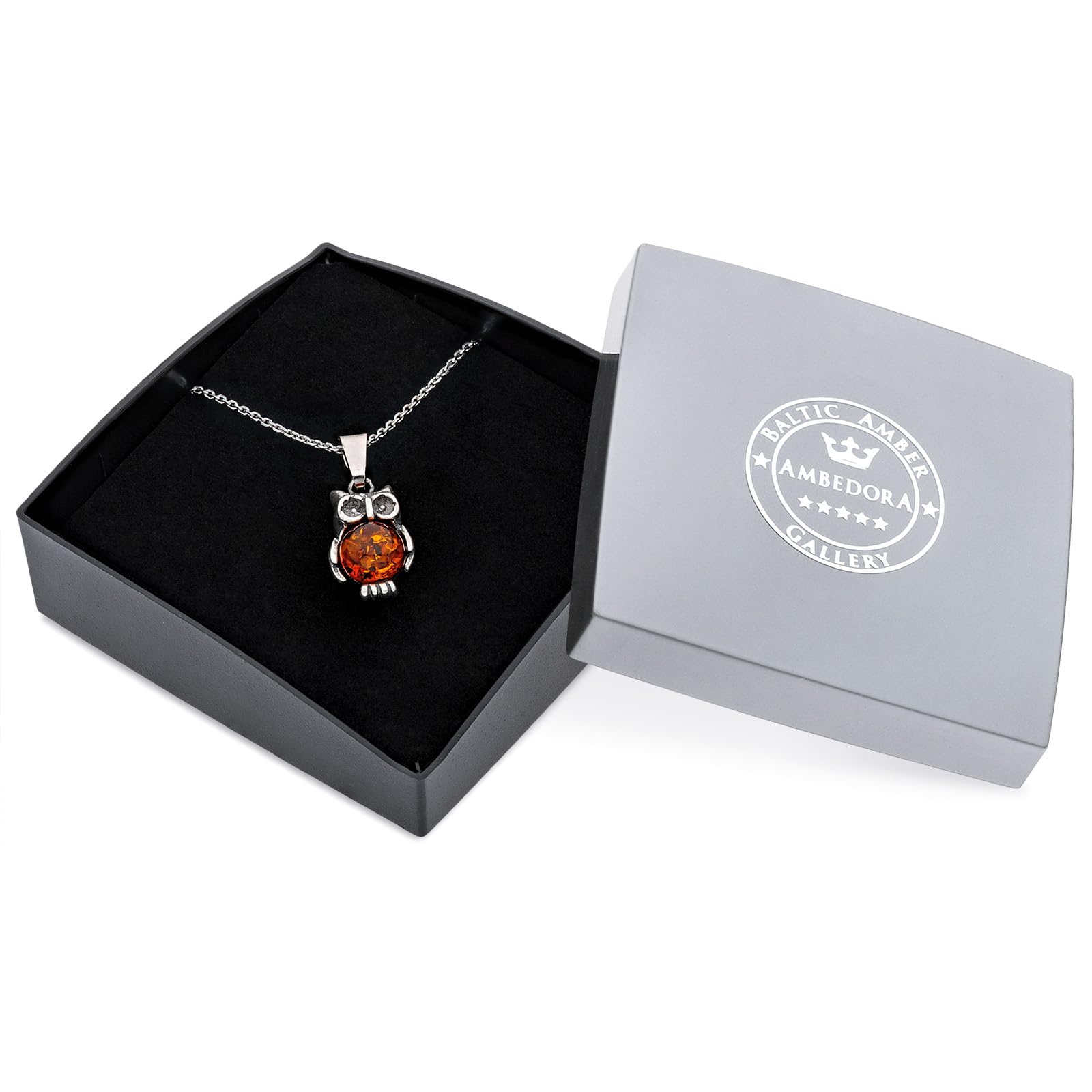 Collana da donna con ambra baltica color cognac, argento 925 ossidato, ciondolo XVI Gufo piccolo con catena, Set regalo