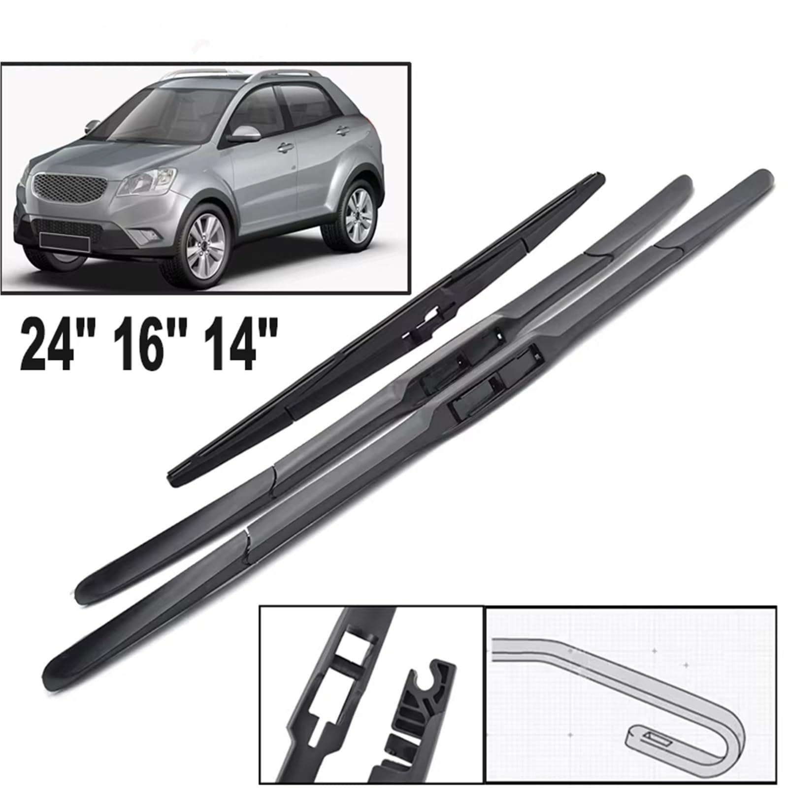 tergicristalli per Auto Compatibile con SsangYong per Actyon 2011 2012 2013 2014 2015 2016 2017 24 "16" 14 "Parabrezza Finestra Spazzole Tergicristallo Anteriori E Posteriori