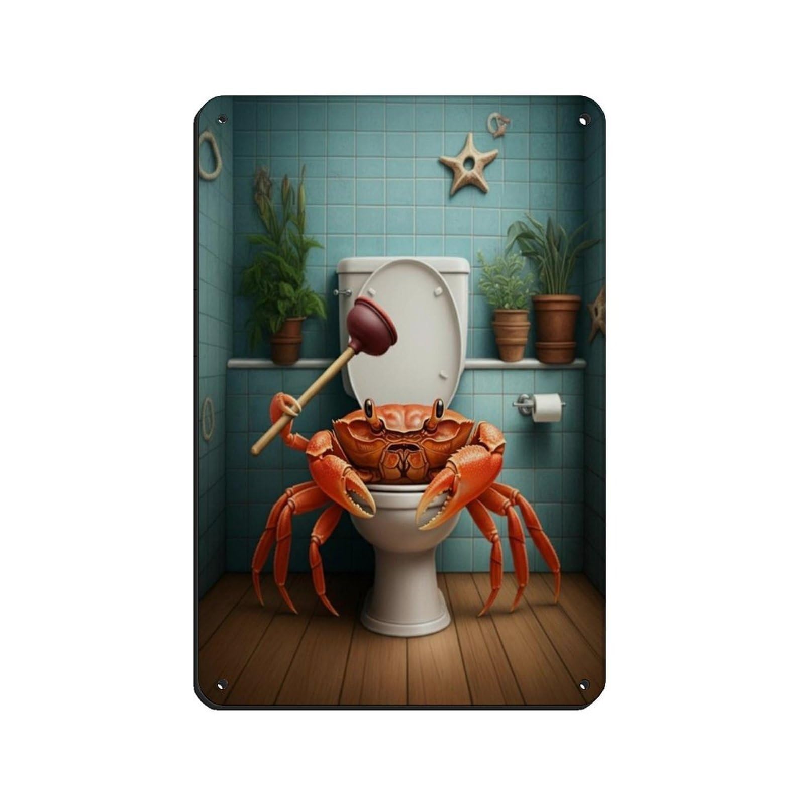 Red Crab on Toilet, Plumber with Plunger Poster Retro Poster Metal Tin Sign Chic Art Retro Iron Painting Bar People Cave Cafe Family Garage Poster Wall Decoration 8x12inch(20x30cm)