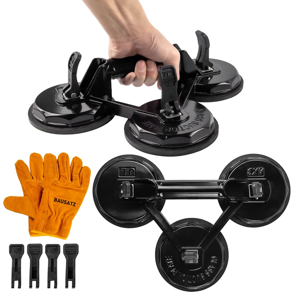 BAUSATZ 140kg Ventose per Aspiratori di Vetro Sollevatori Ventose per Sollevare Grandi Piastrelle di Vetro Aspirazione Sollevatore Auto Dent Puller (Alluminio, Nero, 3 Artiglio, 2 Pacchi)