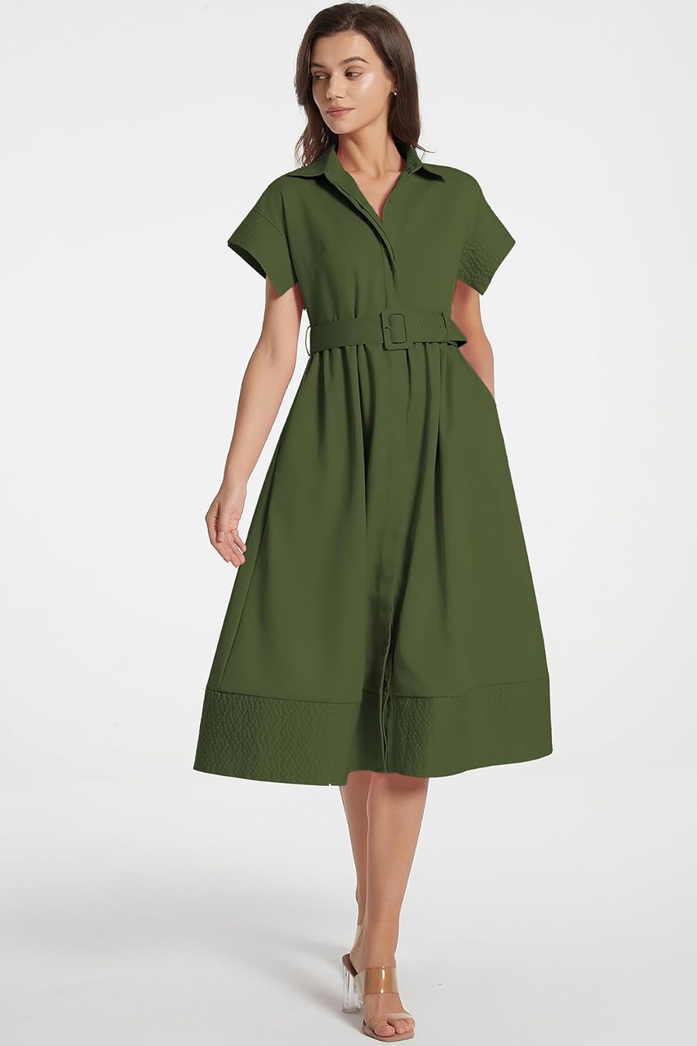 Ladyful Women Casual Button Down Shirt Dress Short Wing Sleeve Buiness Midi Shirt Dress with Belt Elegant Dress - Image 2