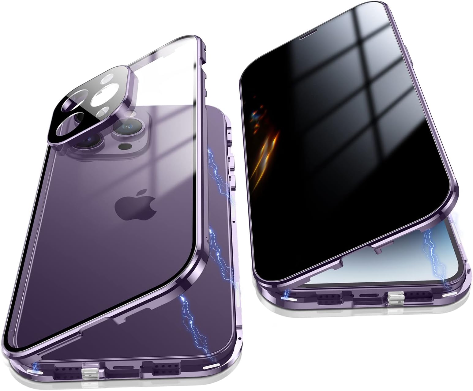 JonwelsyAnti Peeping Case for iPhone 14 Pro Max, 360° Front and Back Privacy Tempered Glass Cover, Magnetic Bumper (Purple)