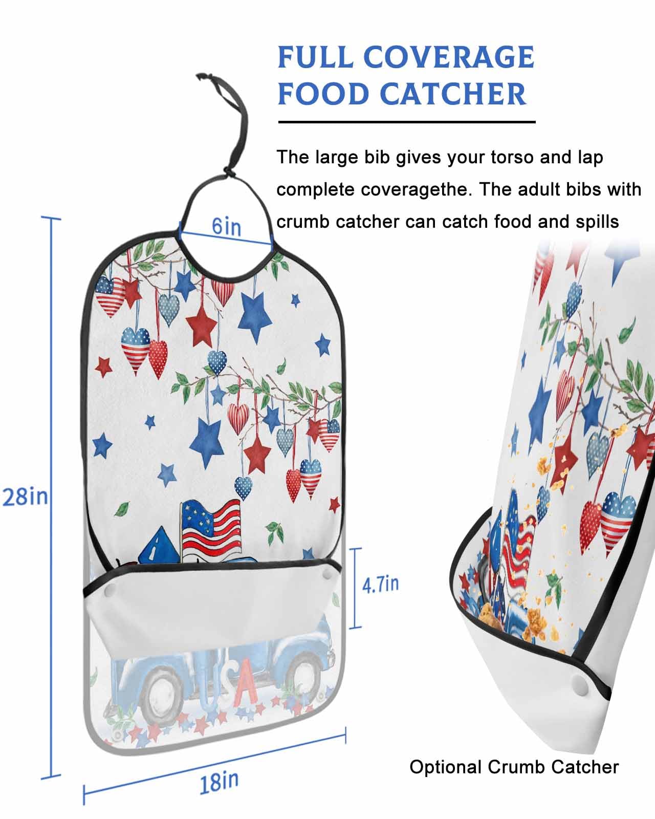 LEOKOTI Blue 4th of July Adult Bibs for Eating, Waterproof Bibs with Food Catcher & Adjustable Snap Closure, Independence Day Floral Star Love Heart Washable Clothing Protectors Adult Bibs for Elderly