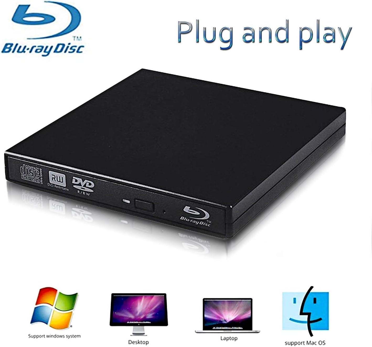 External Blu-ray Drives,Portable DVD Burner, External usb 2.0 blu-ray DVD CD drive/BD - ROM,High speed, play blu-ray disc, CD，DVD,perfect support xp/win7/win8/win10/Linux system (Black)