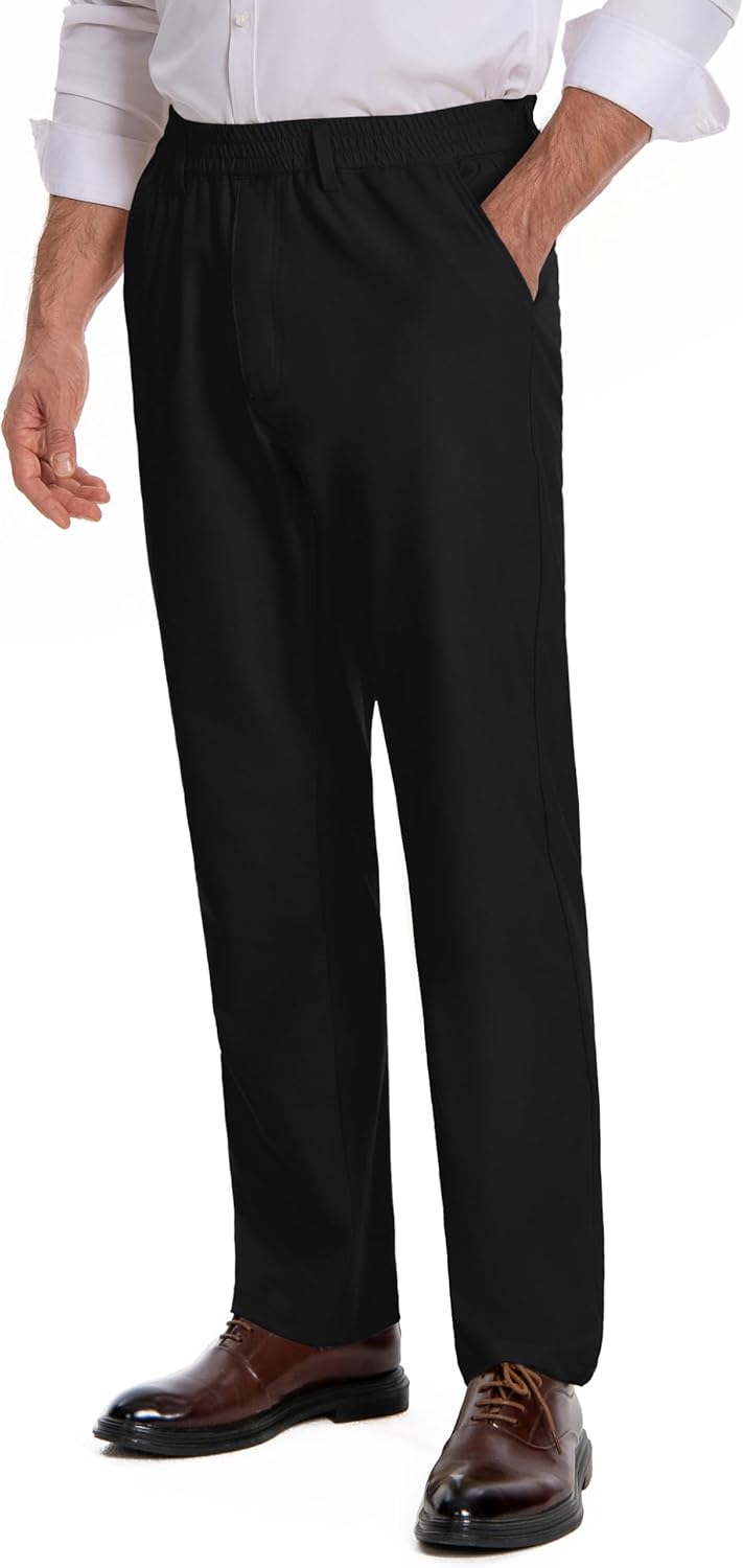 voeeron Mens Elastic Waist Pants for Seniors No Ironing Wrinkle Resistant Stretch Expandable Pants