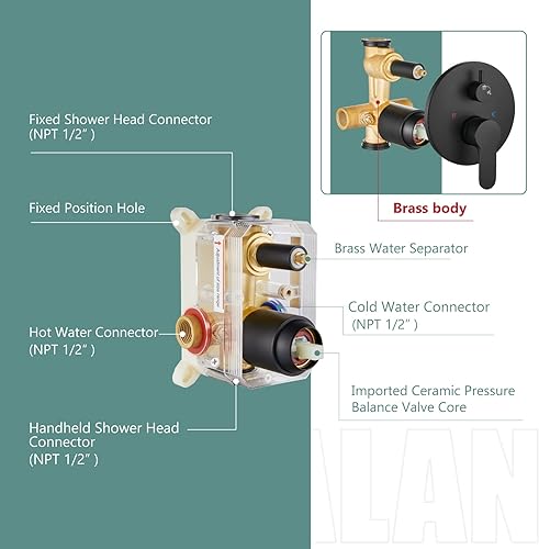 Miniatura 5 de Juego de grifo de ducha montado en la pared negro mate para baño con válvula de equilibrio de presión, cabezal de ducha de lluvia de 10 pulgadas y