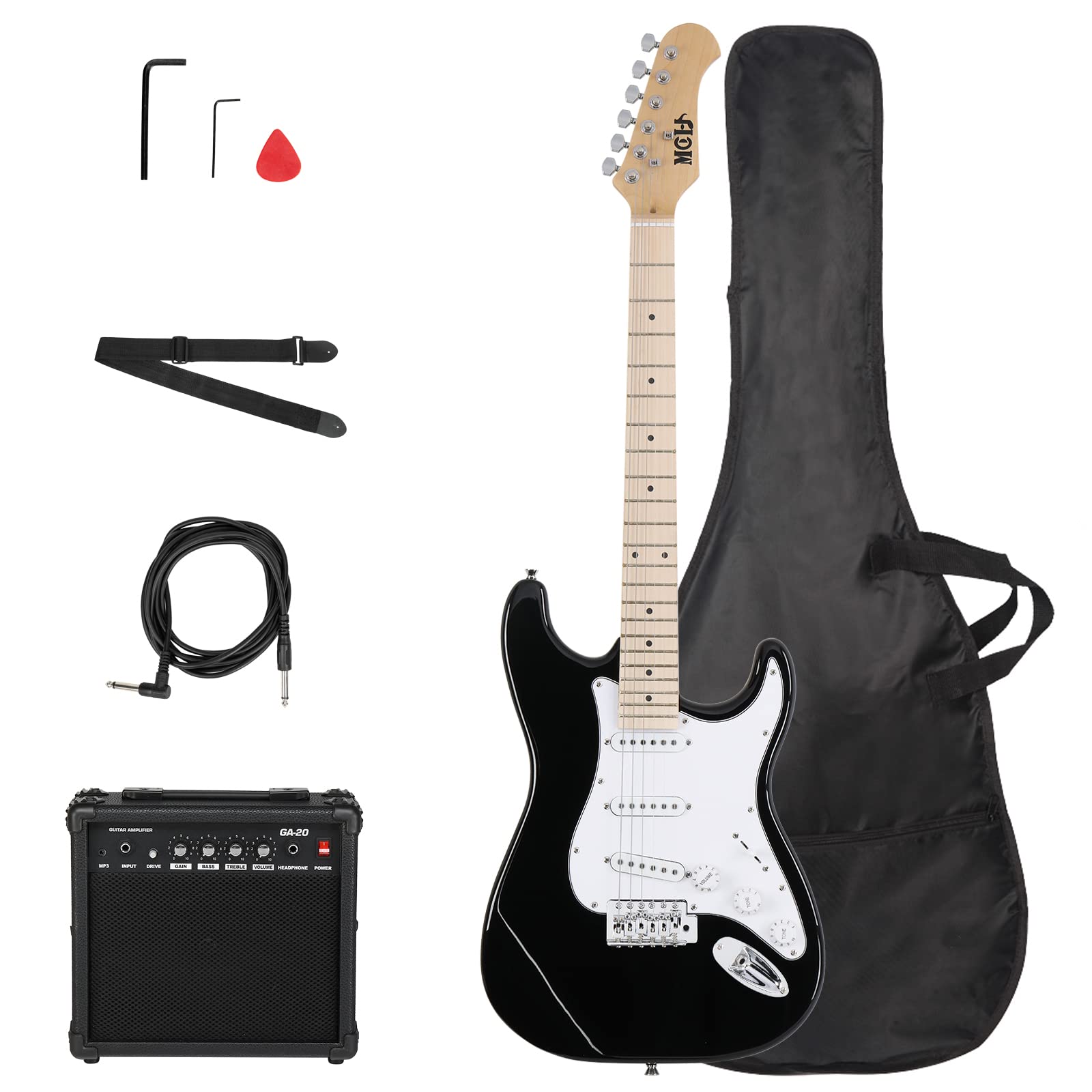 Guitare électrique ST guitare électrique avec ensemble de haut-parleurs 20W, sac de guitare, bandoulière, médiator (le noir)