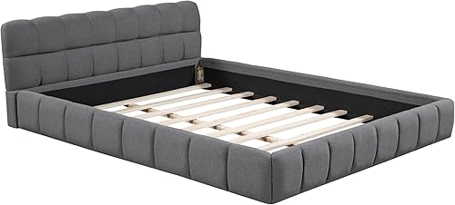 Miniatura 88 de Base de cama LED tapizada tamaño Queen, plataforma flotante de terciopelo con cabecero, MDF moderna y cama de madera contrachapada (beige-081)