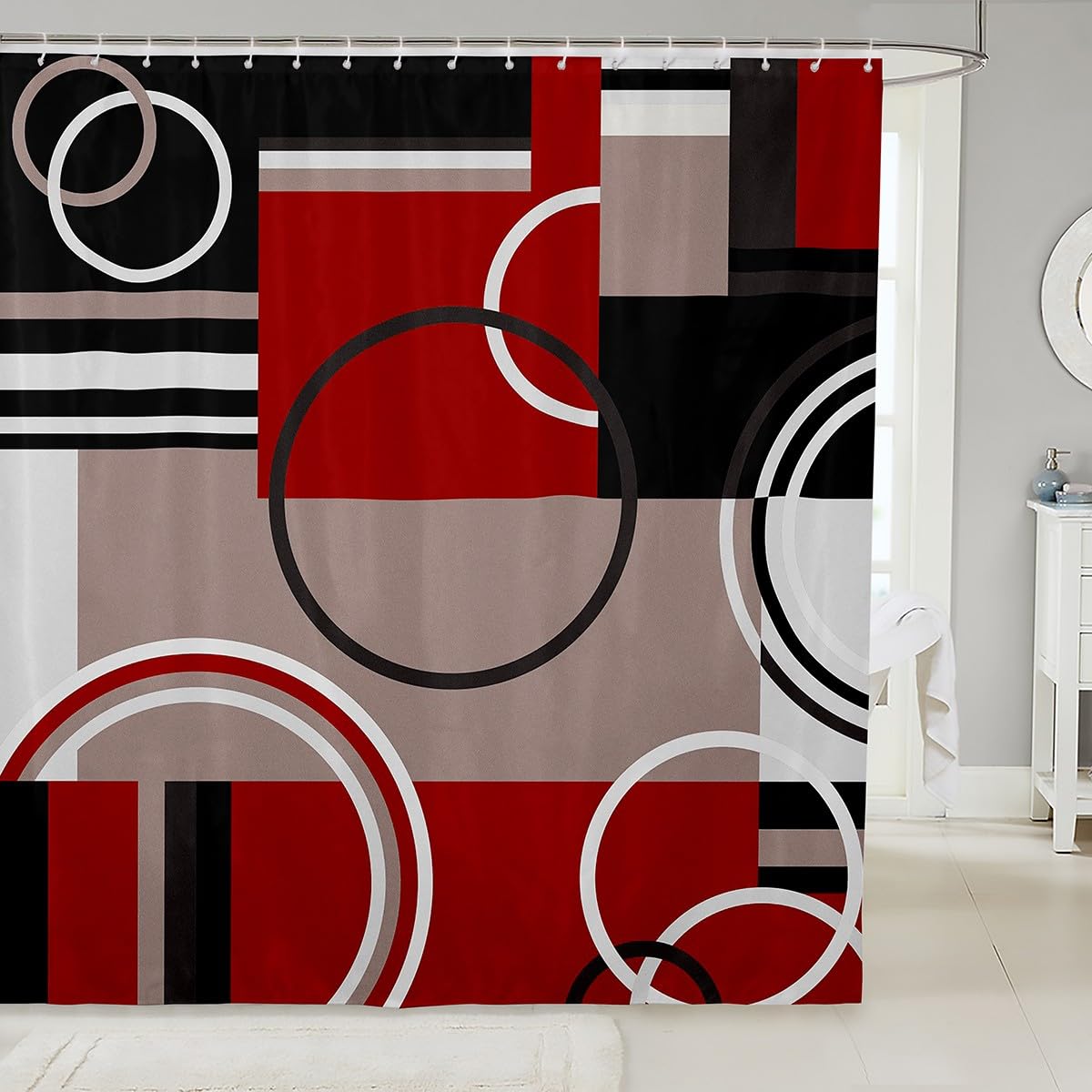 Erosebridal Modern Red Grey Black Stripe Shower Curtain Geometric Bath Curtain Retro Circle Swirls Bathroom Sets Decor Modern Abstract Texture Color Art Bathtub Shower Curtain 72" W x 84" L