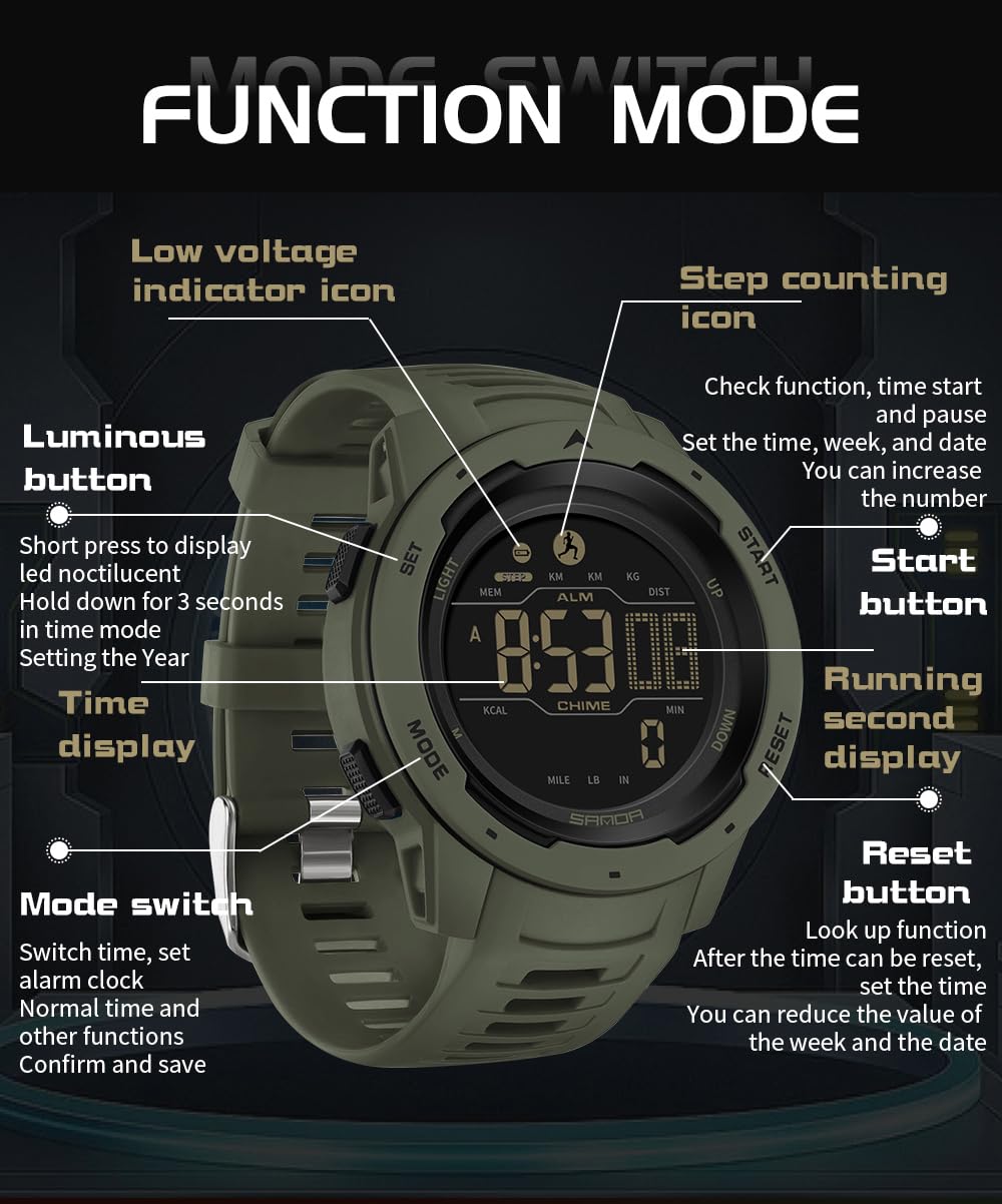 Fanmis Unisexe Podomètre Montres Militaire Multifonctionnel 50M Etanche Numérique Sport Extérieur Montre Vert
