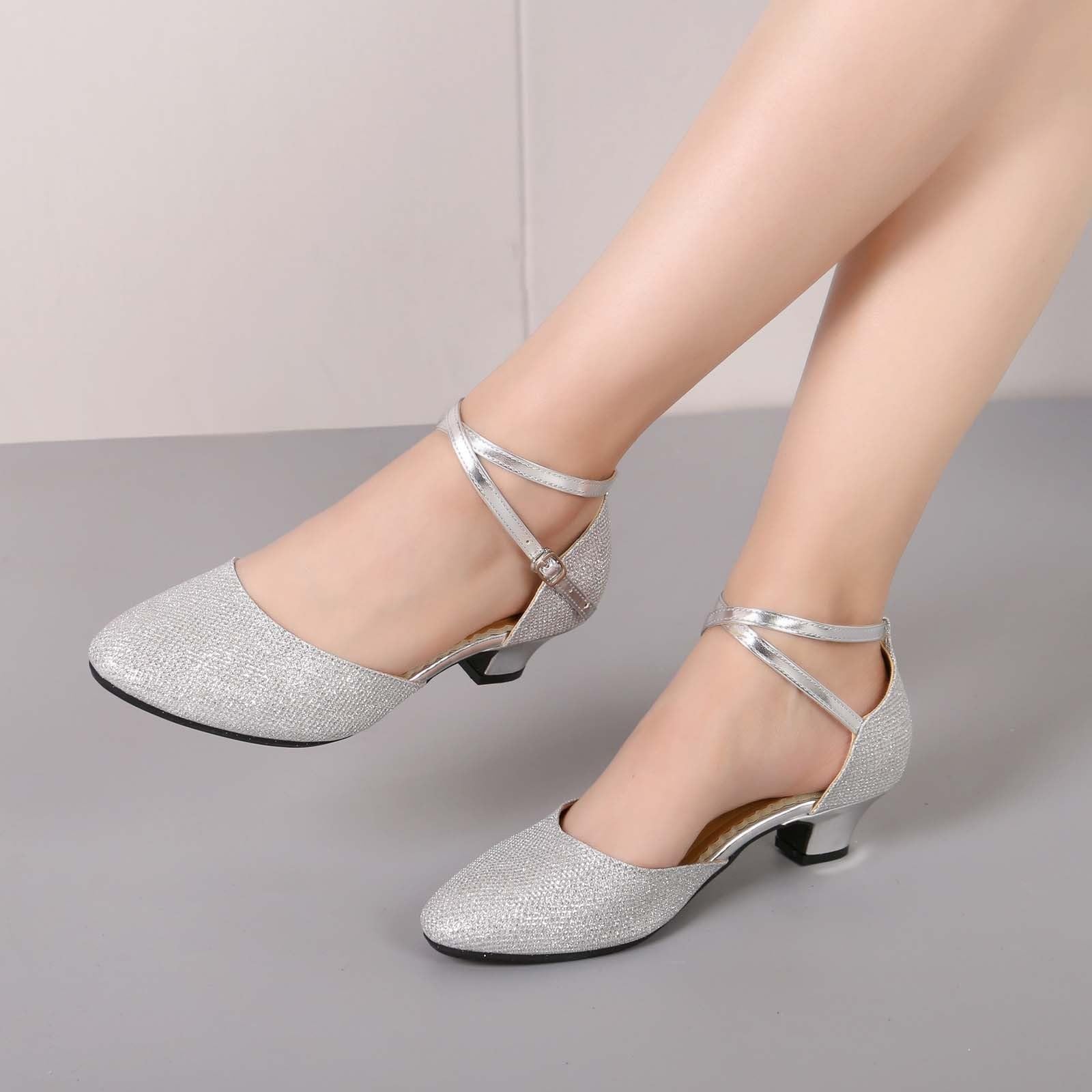 Scarpe da ballo da donna, eleganti, con glitter, comode scarpe da sposa con tacco | Scarpe con tacco a blocco con cinturino, scarpe con tacco spesso, scarpe larghe da matrimonio, scarpe da sera per feste