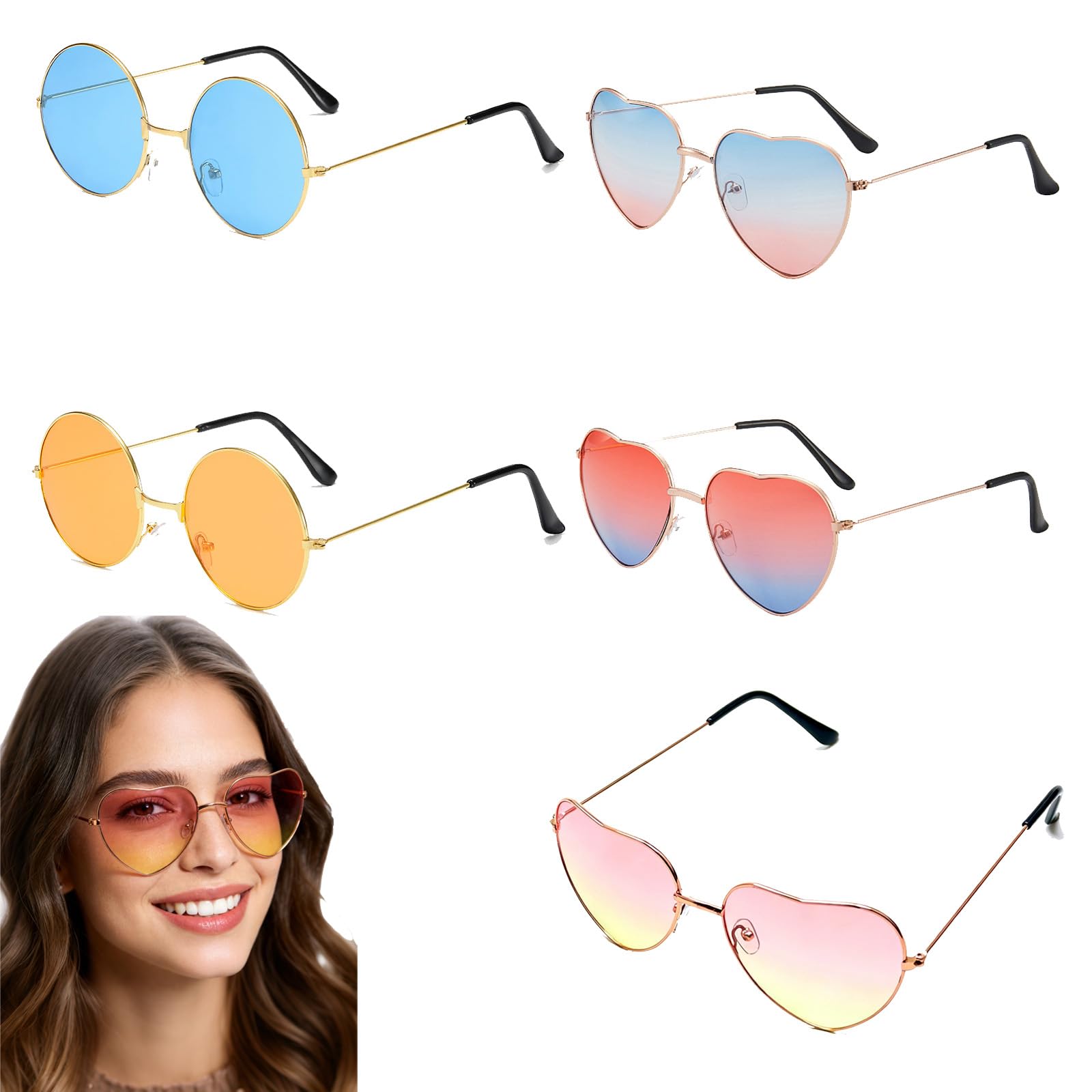 5 pares Gafas de Sol Corazón, Gafas de Sol para Hombre y Mujer, metal unisex estilo hippie redondas divertidas accesorios fiesta carnaval playa cumpleaños verano Cumpleaños, Bodas, Carnaval y Fotos