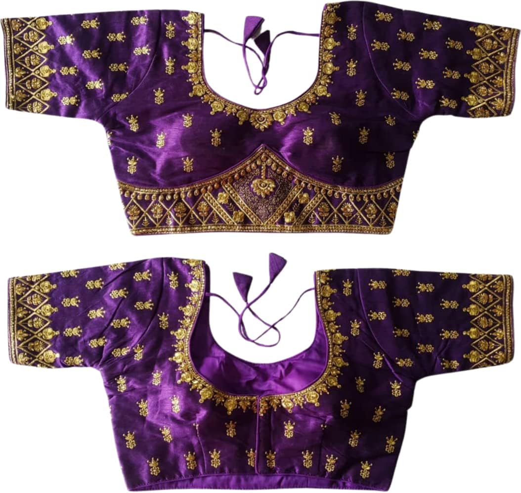South Silk Designer Saree Sari Blouse Short Sleeve Solid Readymade for Women Purple-38