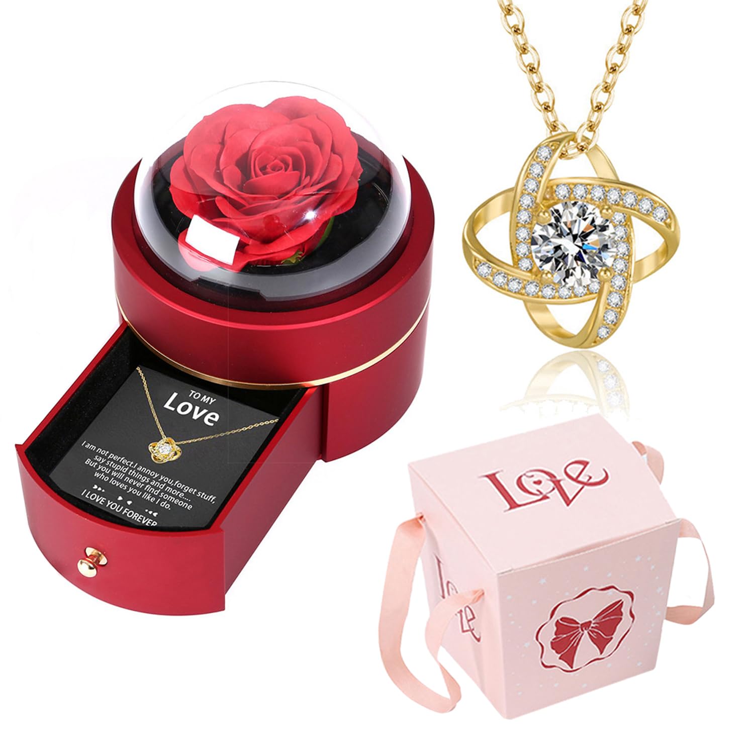 Preserved Handmade Rose Box with Four Leaf Clover Necklace, Jewelry Boxes Poetry Roses Gifts for Women Her Mom Wife Girlfriend on Valentines,Mother's Day with ''To My Love'' Card (Romantic Red)