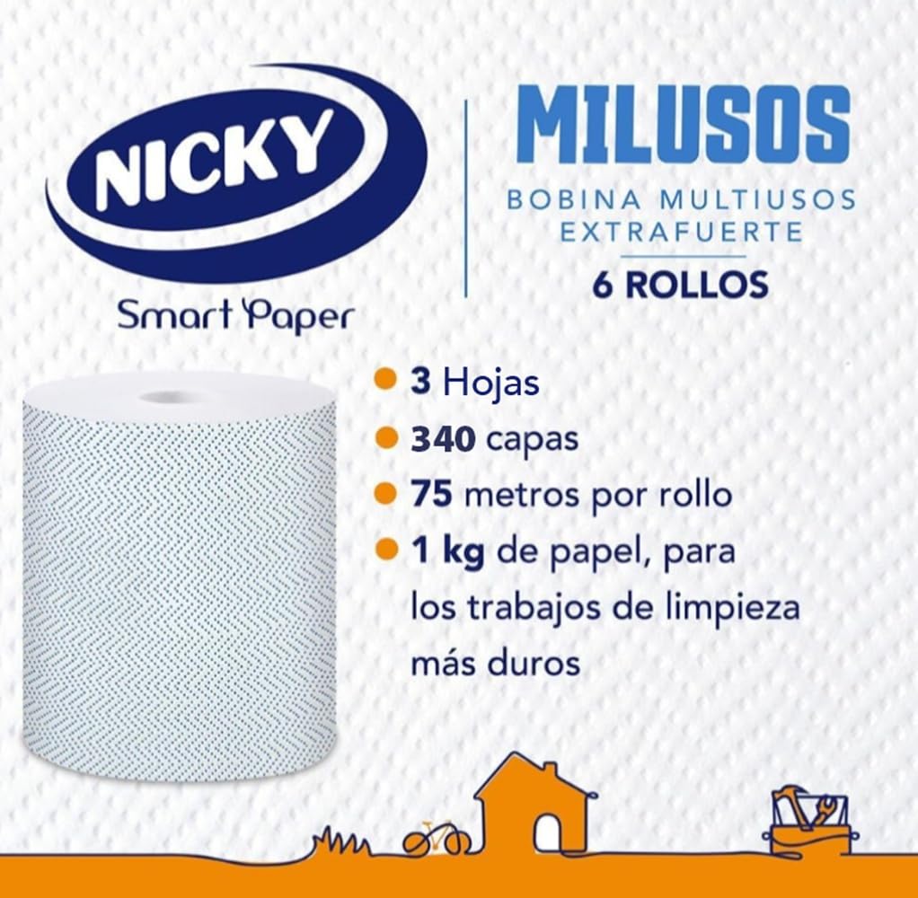Nicky Miluss - Carta da cucina extra forte, confezione da 6 rotoli, 340 fogli a 3 strati per rotolo, carta super assorbente ed extra forte, imballaggio riciclabile, cellulosa pura al 100% certificata