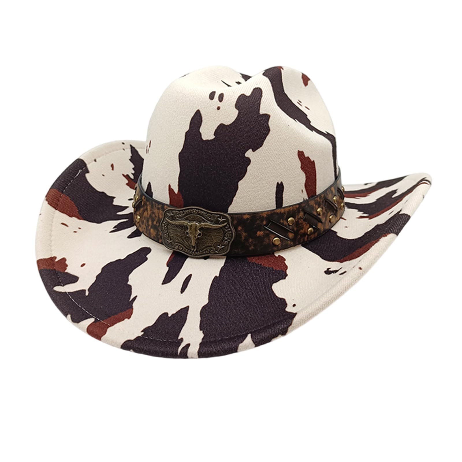 MICFENY Antique Wide Brims Fedoras Hat with Cow Pattern Cow Head Western Theme Hat for Camping Horseback Ridings