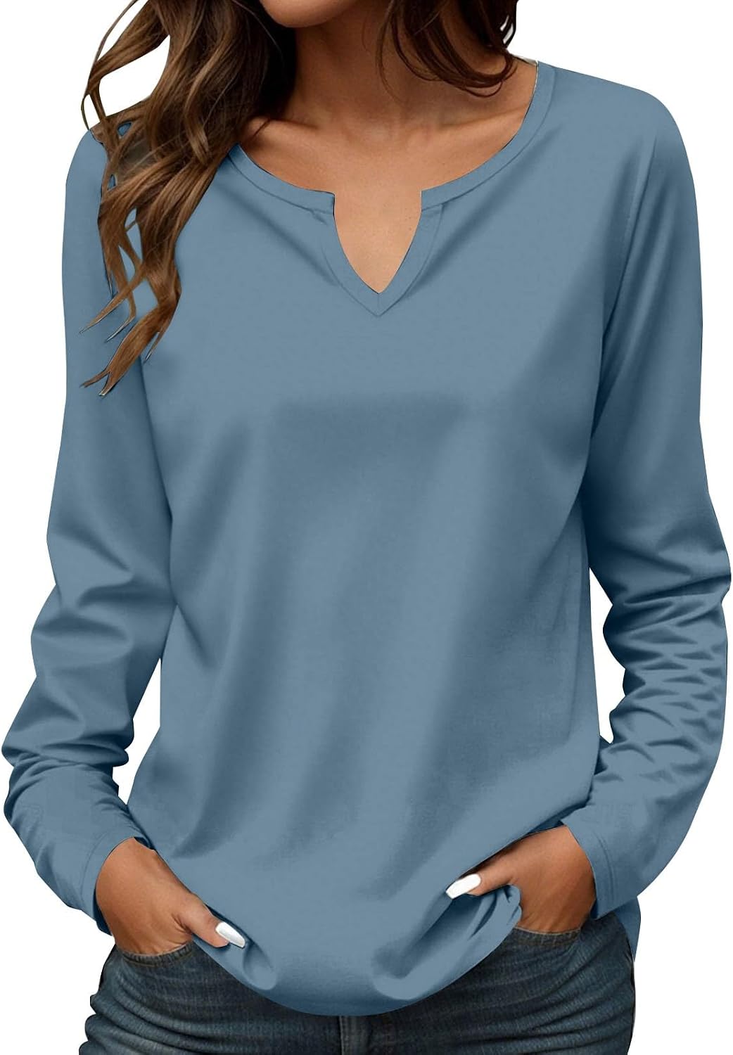 Sweatshirts for Women Henley V Neck Long Sleeve Shirts Loose Lightweight Curved Hem Casual Fall Pullover Tops