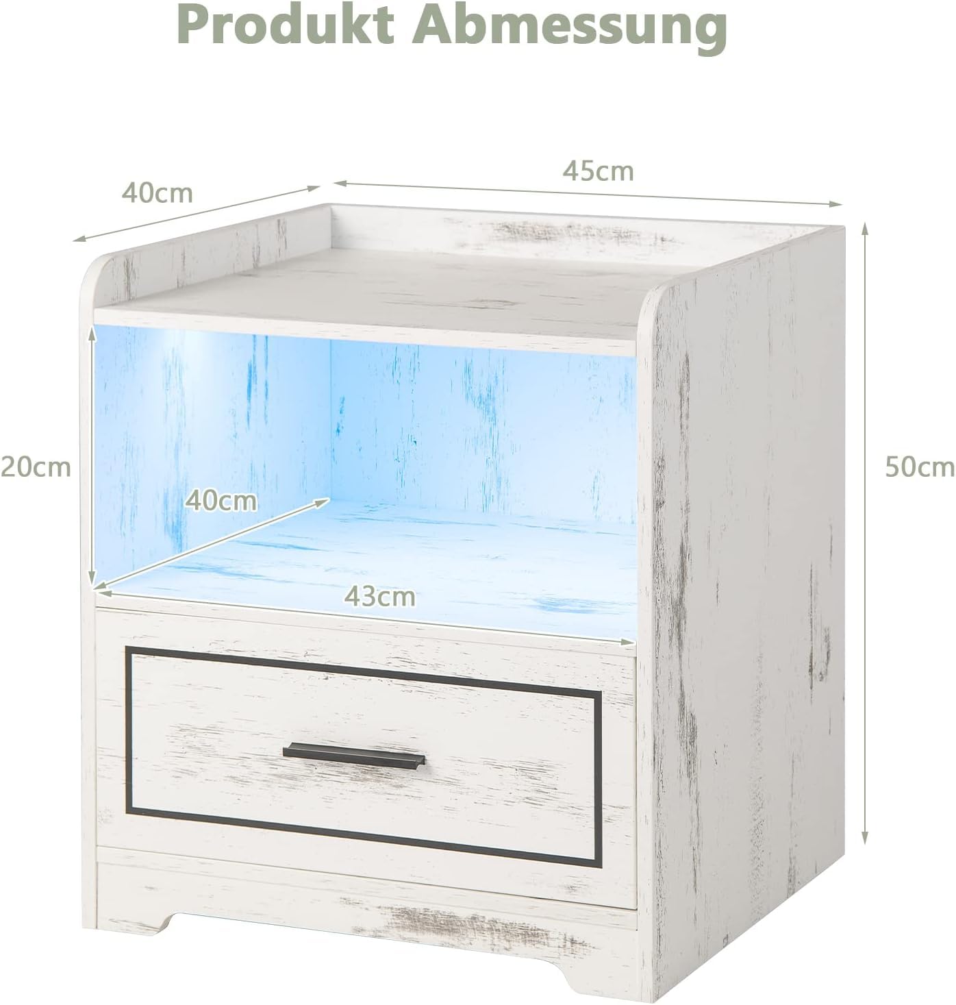 FANTASK Comodino con luce LED, porta USB e stazione di ricarica di tipo C con vano aperto e cassetto, comodino con rilevatore di movimento, bianco