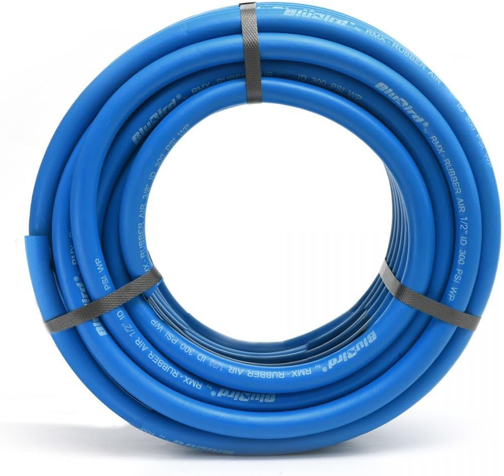 BLUBIRD BB12300 1/2" x 300' Rubber Air Hose, High-Performance Pneumatic Hose for Automotive, Construction & Industrial Use, Durable, Flexible, High-Pressure Hose with Brass Fittings for Air Tools
