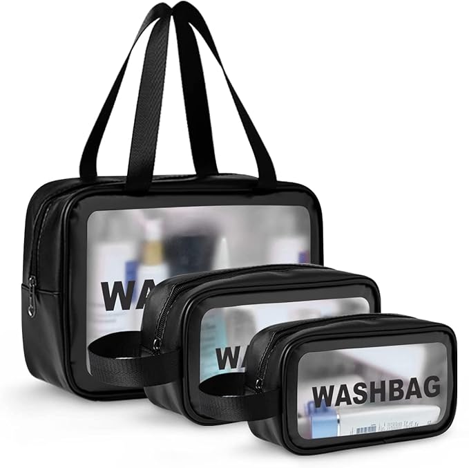 Makeup Cosmetic Bag | Travel Wash Bag Set of 3 | Makeup Bag | Waterproof Toiletry Cosmetic Organizer Pouches with Handle | Large Capacity Makeup Storage Bags for Travel Accessories (Black)