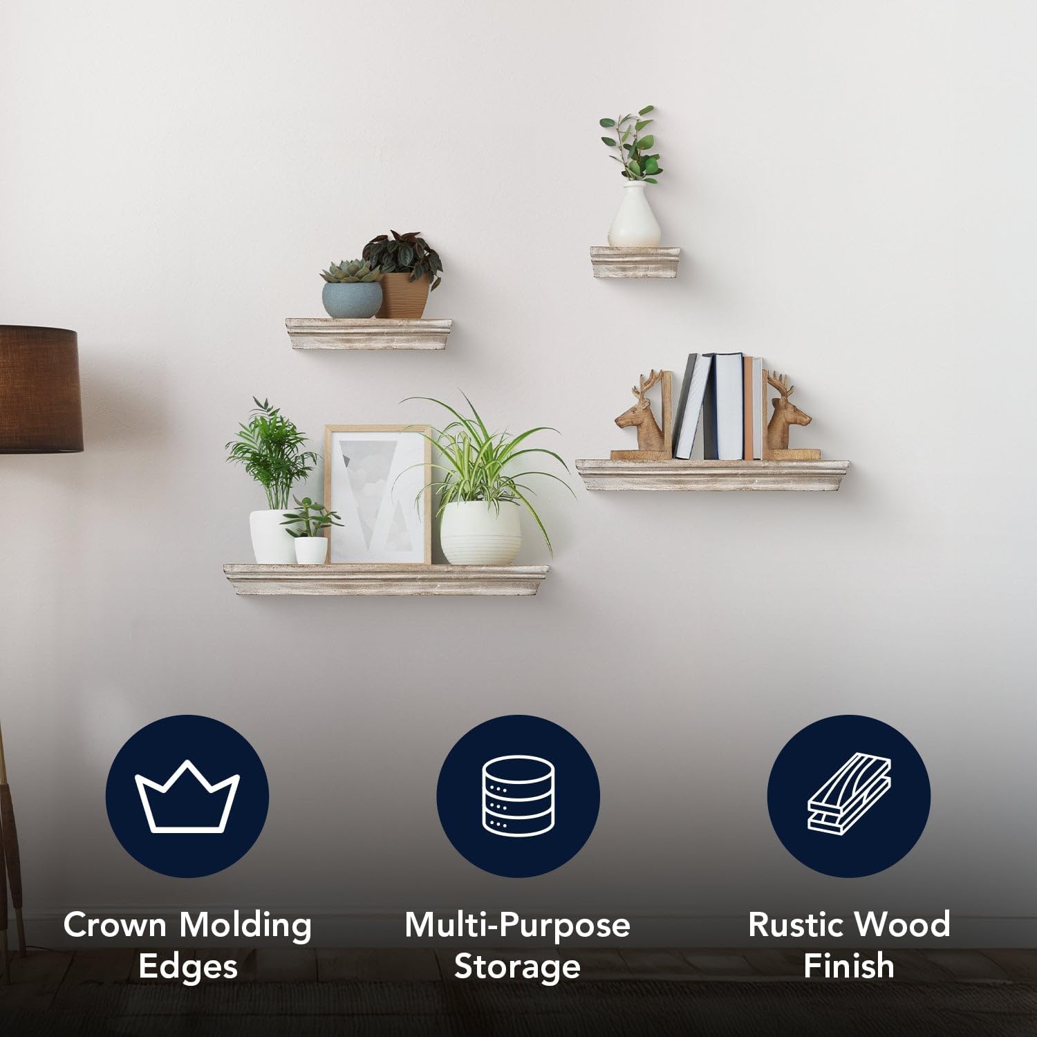 American Art Decor Whitewashed Wood Floating Wall Shelves with Crown Molding - White - Set of 4 for Living Room, Bedroom, Kitchen, & Laundry Room - Farmhouse Wall Shelves