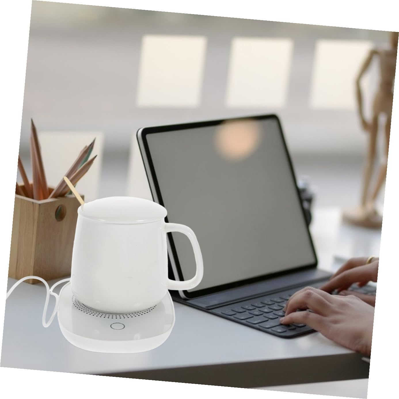 55℃ Thermostat USB Coffee Mug Warmer Pad with Gravity Sensor, Milk Heating Cup Mat for Formula, Home Beverage Heater in Light Beige