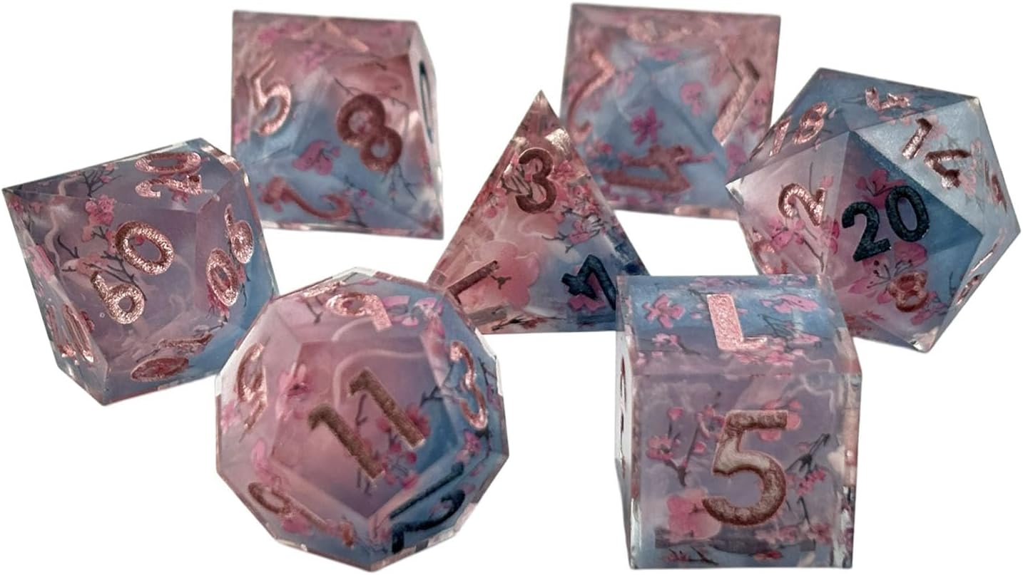 Handmade Polyhedral DND Dice Set, Cherry Blossom Theme, Polyhedral, Pink and Blue, Resin, 7 Piece