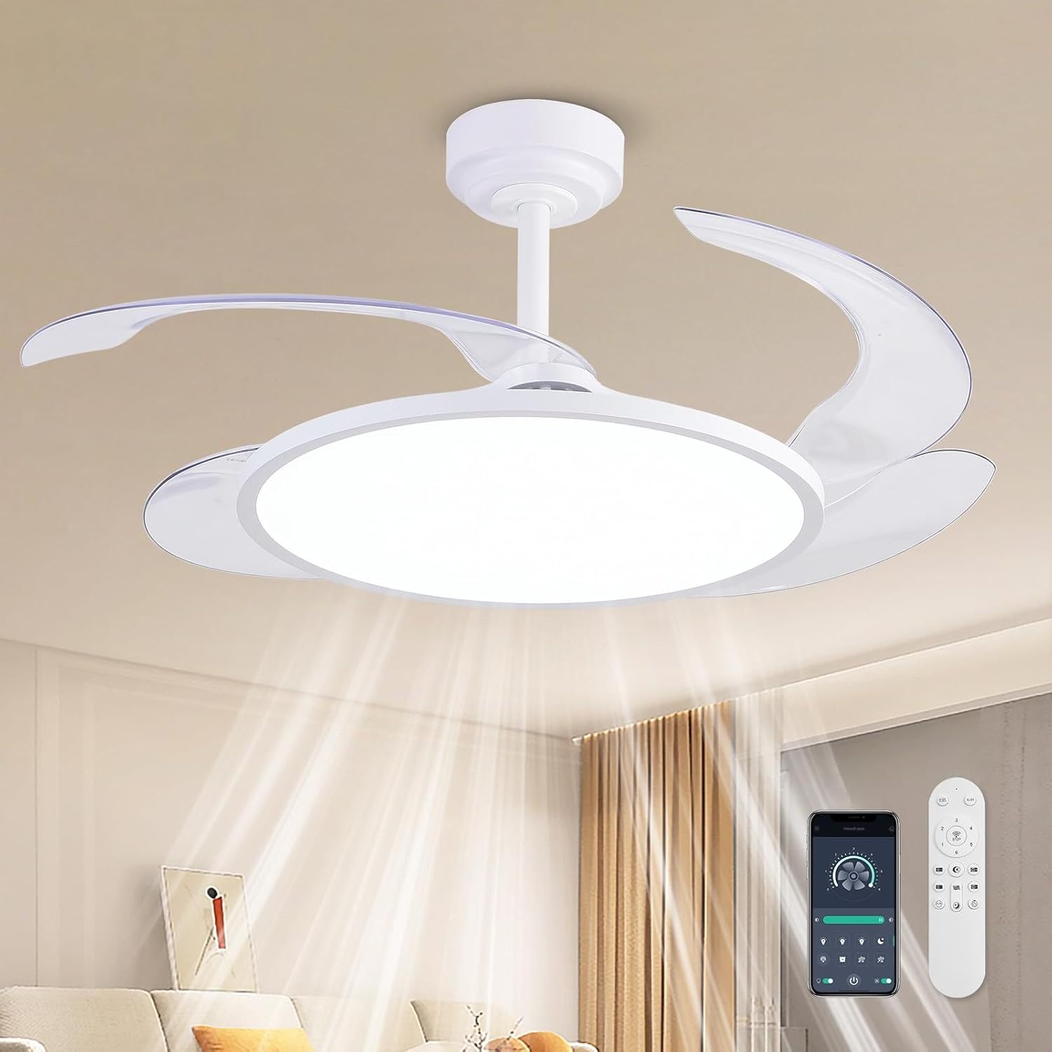 48'' Retractable Ceiling Fan with Remote/APP Control,Bladeless Ceiling Fan with LED Lights,Stepless Full Spectrum,Memory,Modern Silent Fandelier for Bedroom Dining Room Living Room,White White 48inch
