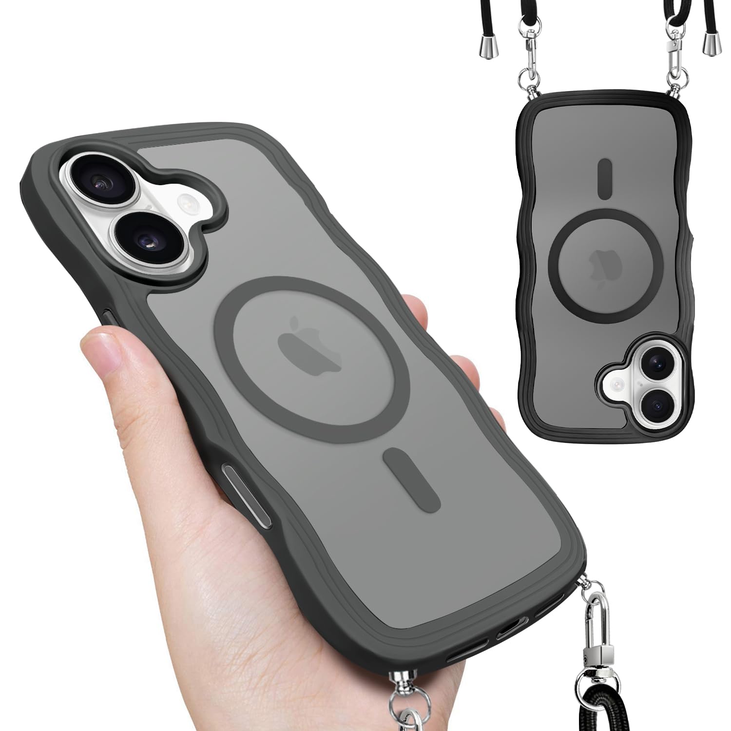 kadixini iPhone 17 用の ケース ショルダー アイフォン 17 カバー スマホケース うねうね 肩がけ 首掛け 紐付き 斜めがけ ストラップ付き 調節可能 耐衝撃 Magsafe 対応 ワイヤレス充電対応 あいふぉん17 用の カバー 半透明 ブラック