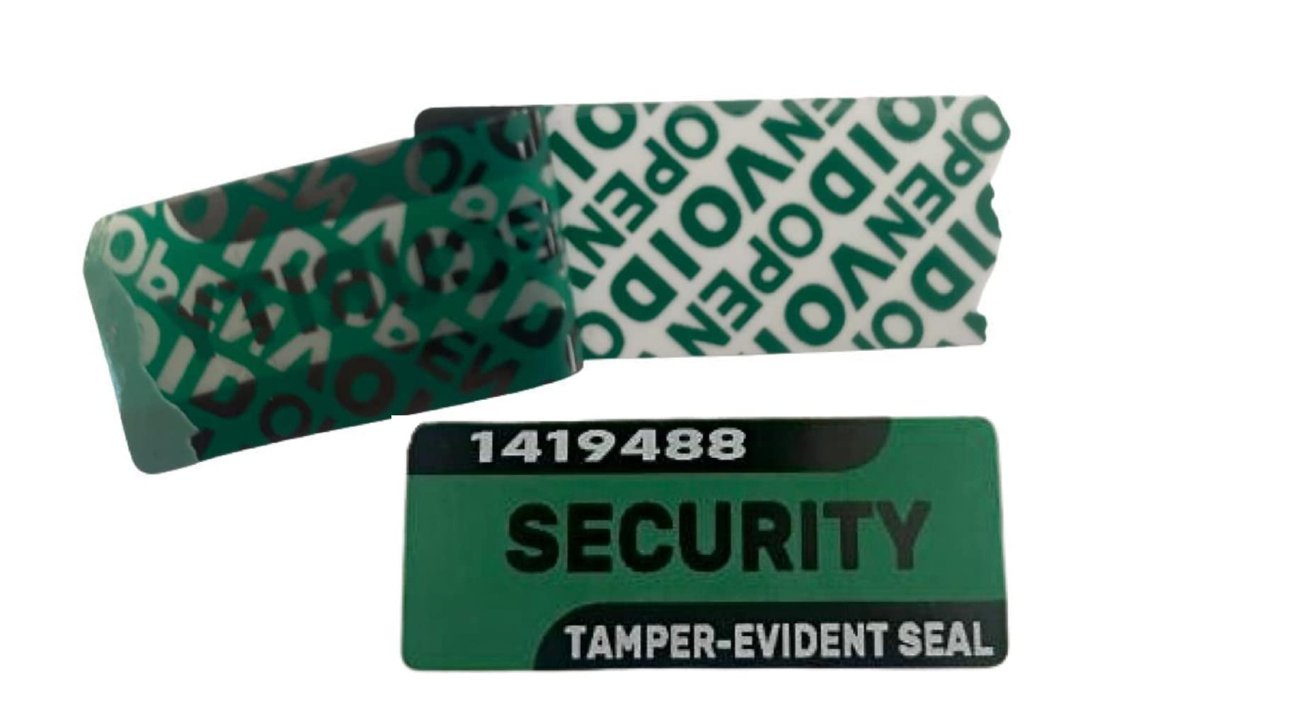 Green Security Labels X 100. Tamper Evident Stickers Seals with Black and White Printing and Unique Serial Number. Void Release Message