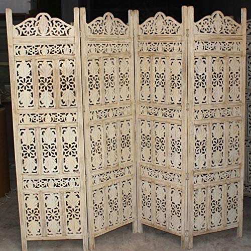 Buy Hand Carved Indian Partition Screen Room Divider Whitewash 78.7