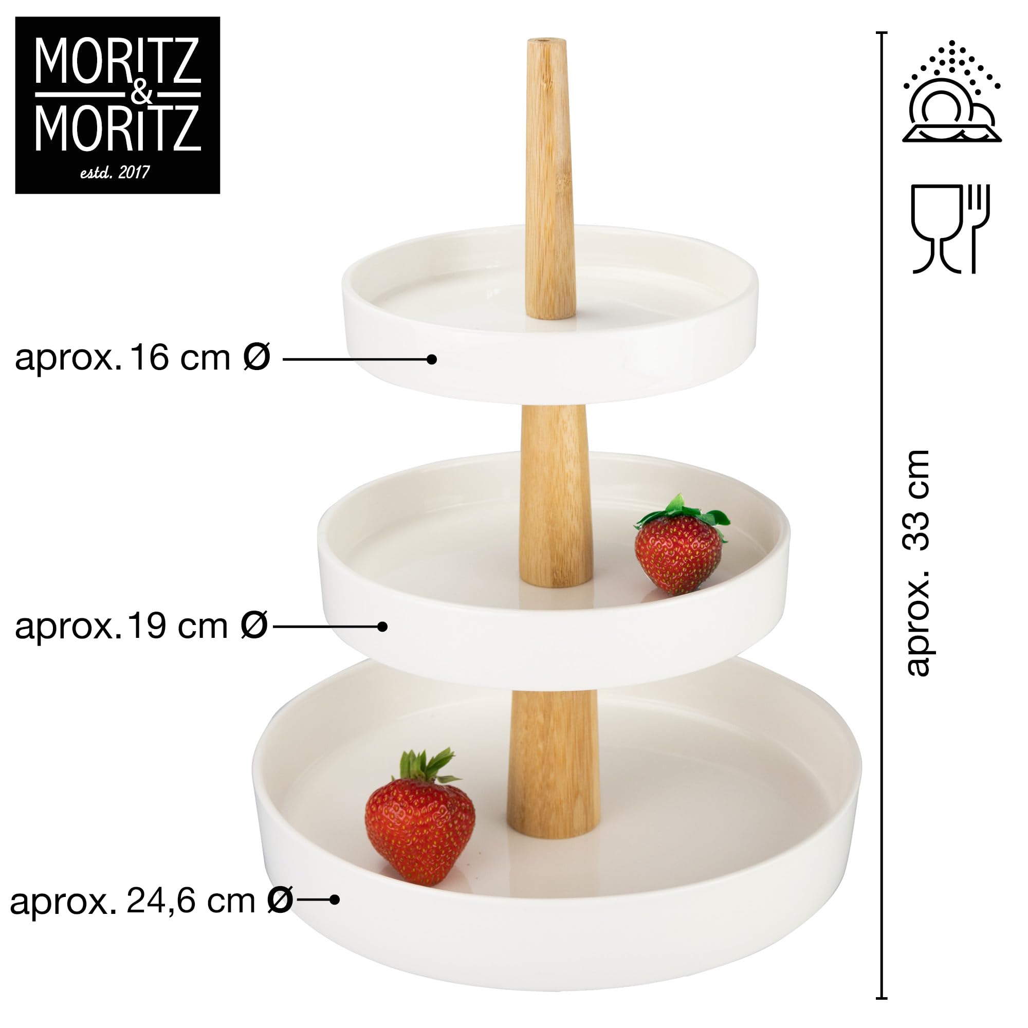 Moritz & Moritz Soporte para Frutas de 3 Niveles, Incluye alicates, de Porcelana, decoración Moderna de Cocina o Fiesta, frutero para Almacenamiento de Frutas, Magdalenas y Cupcakes