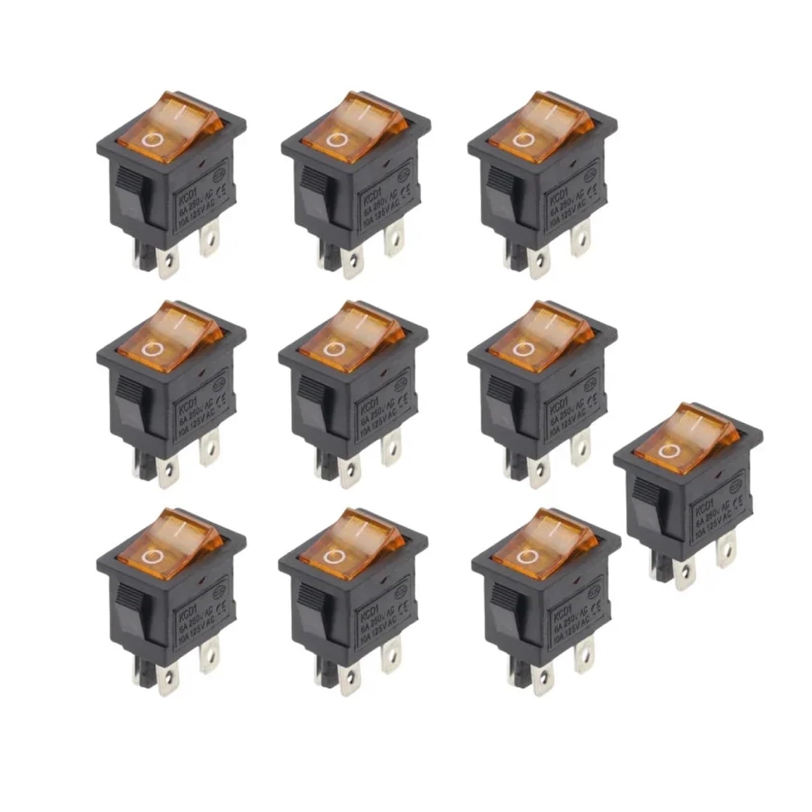 AUOQKQUT 10 PCS yellow KCD1 6A/250V AC 10A/125V 21 * 15mm 4 Pin Boat Car Rocker Switch ON-OFF With Light Switch
