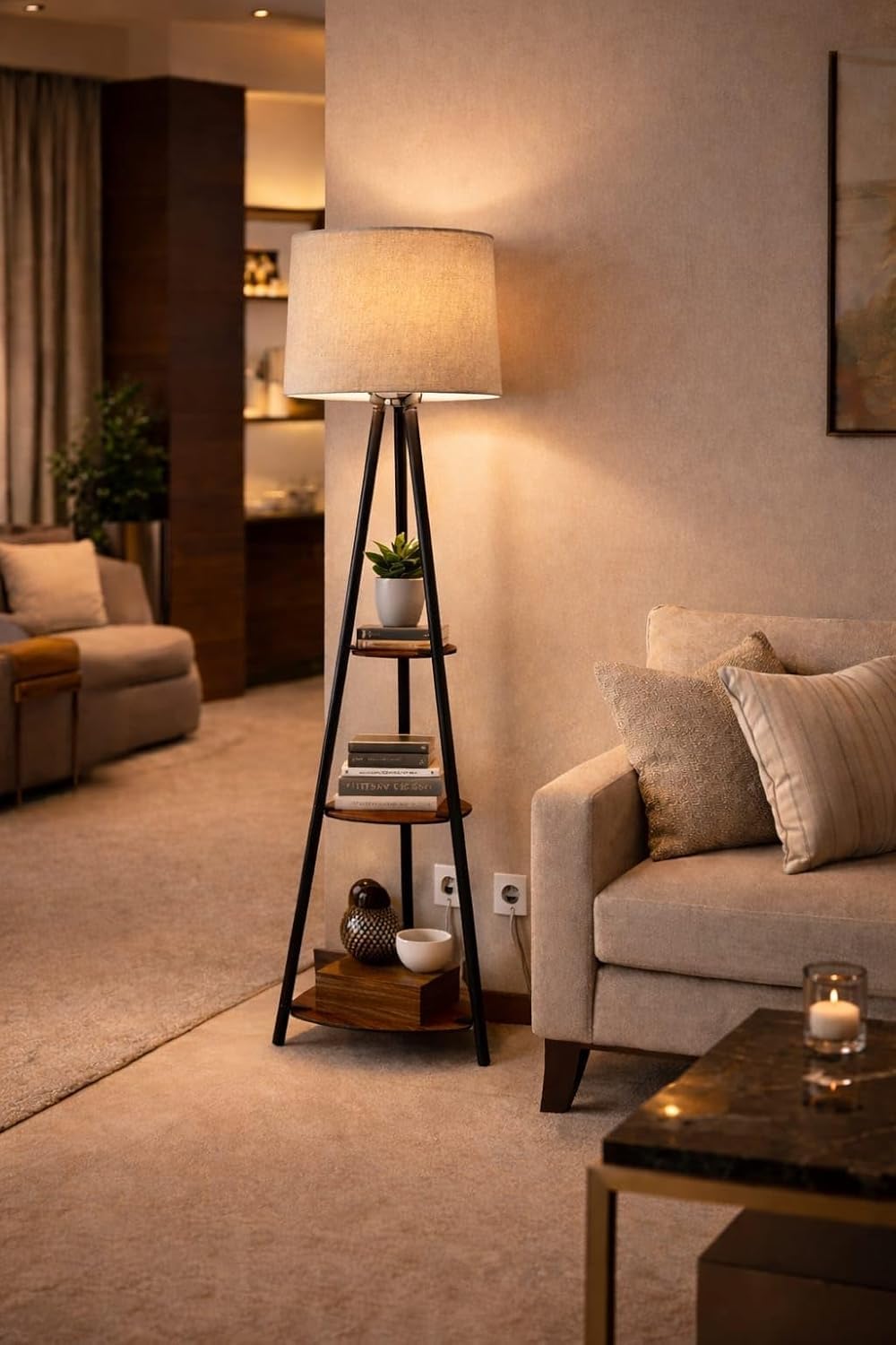 Tripod Floor Lamp with 3-Tier Wooden Shelves, Beige Fabric Shade, Black Metal Frame, Living Room Decor-image-33