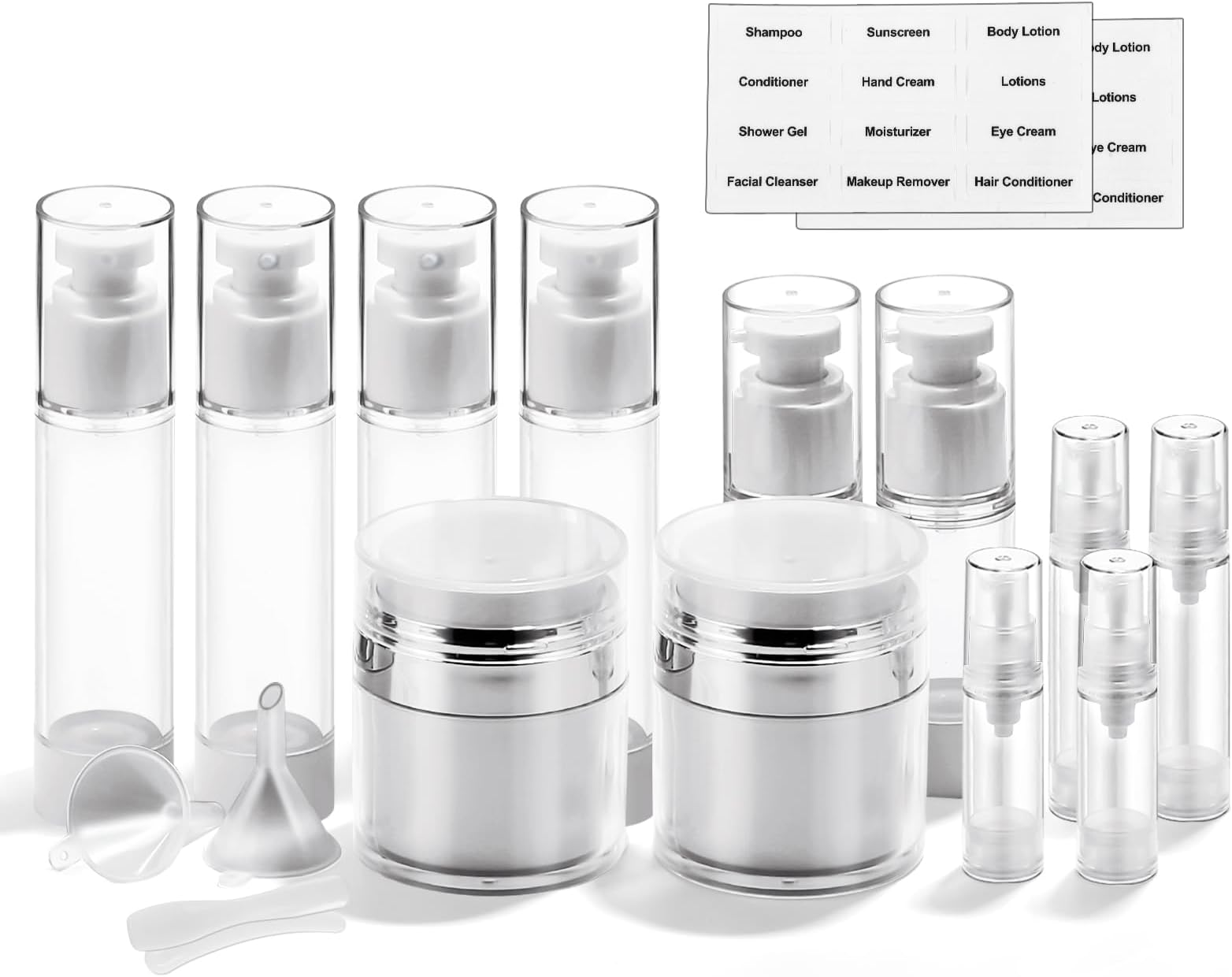18 Pack Bubimon Airless Pump Jars, 1.7/1/0.7/0.34oz Cosmetic Containers, Leak Proof Refillable jar for Toiletries, Cream Lotion, Eye Cream, Liquid, Foundation, Shampoo (BPA Free)