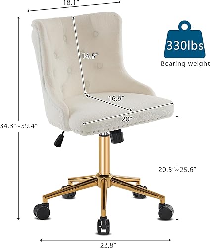 Miniatura 2 de VINGLI Silla de Escritorio de Oficina sin Brazos de Vellón Teddy Blanco con BaseRuedas Doradas, Linda Silla de TocadorMaquillaje con Respaldo para