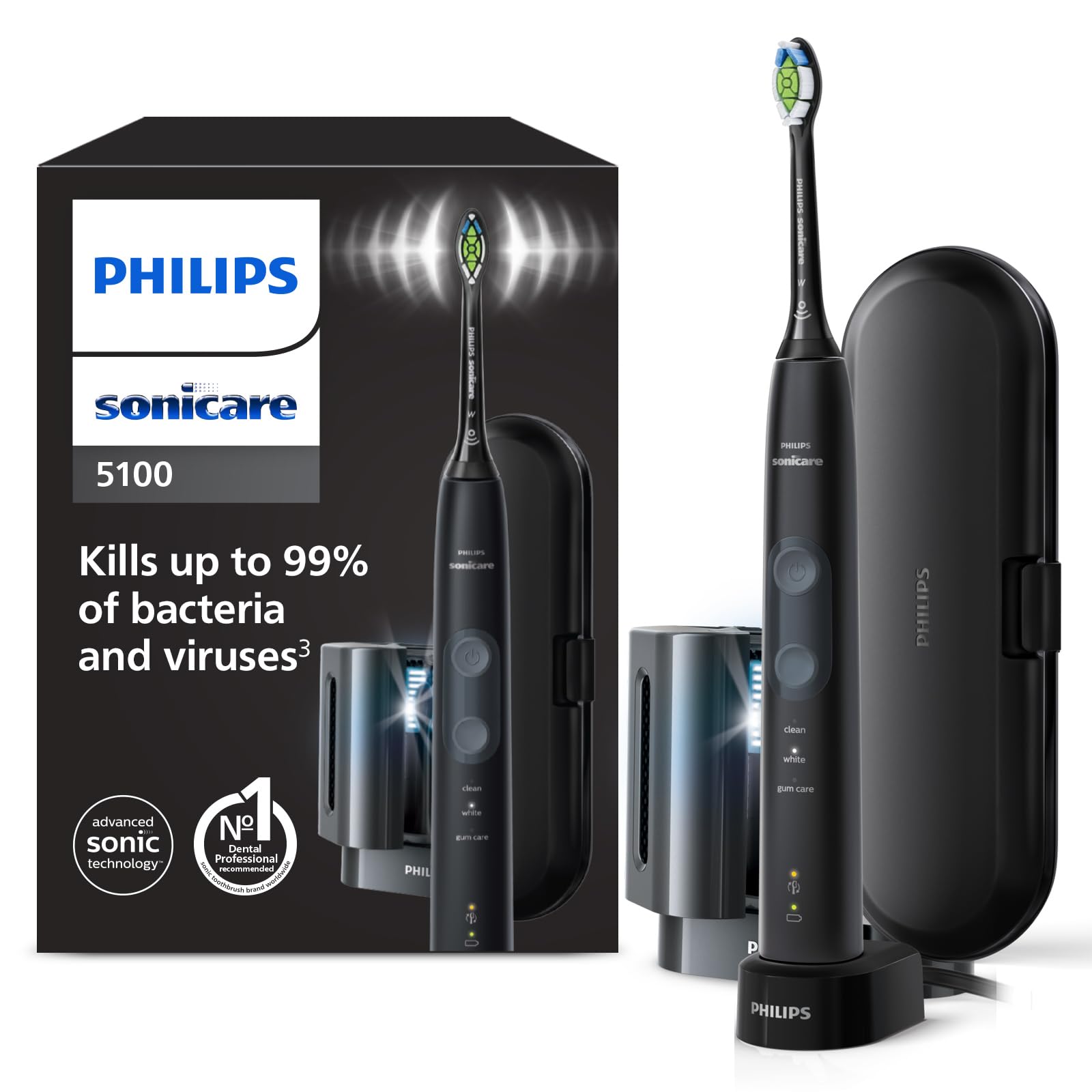 Philips Sonicare ProtectiveClean 5100 - brosse à dents électrique avec 3 modes de brossage, capteur de pression, minuterie, étui de voyage, assainisseur UV, noir, modèle HX6850/57