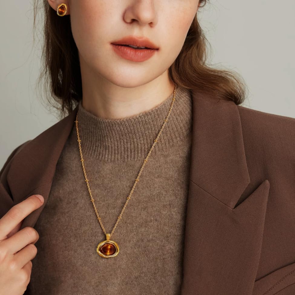 Gold Tigers Eye Stone Necklace Bracelet Earrings Set Chunky Gemstone Pendent Dangle Necklace Natural Gemstone Stretch Bracelet Valentine Prom Fashion Jewelry Gift - Image 2