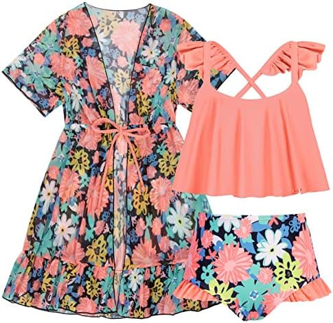 Danna Belle Girls 3 Piece Bikini Set Swimsuit Tropical Print Swimwear Bathing Suit with Kimono 5-6Y