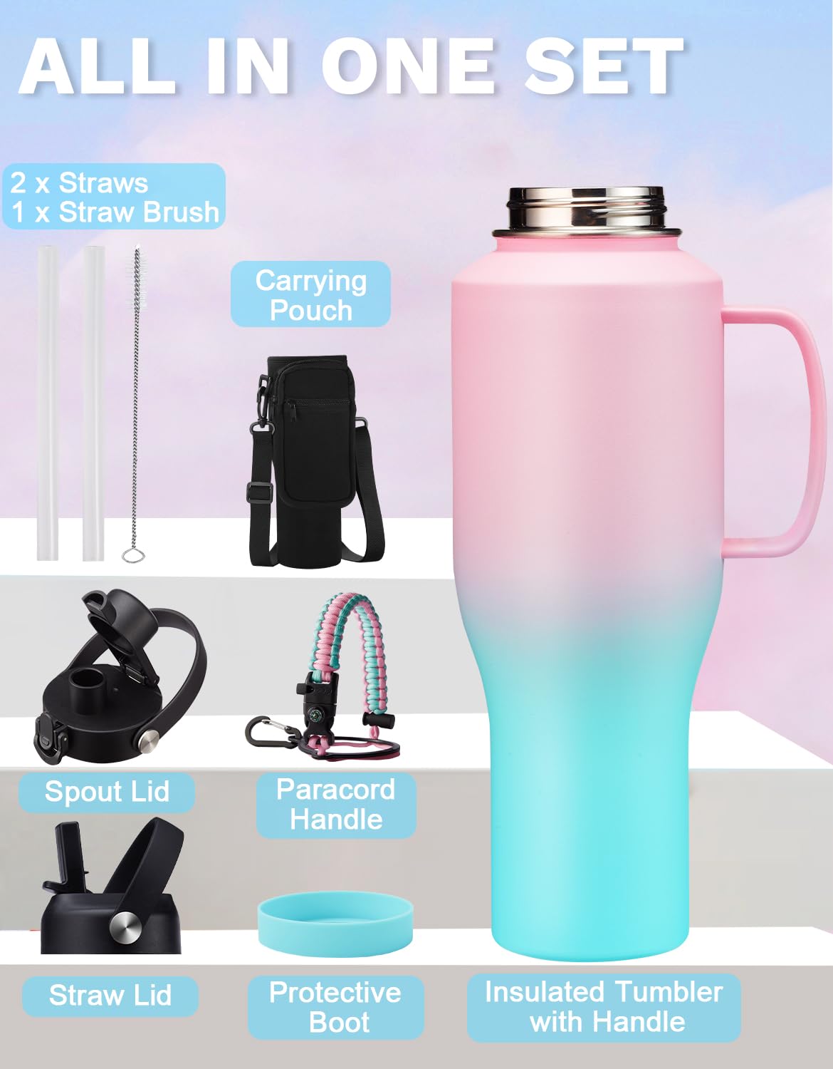 Vaso de 40 onzas con asa, botella de agua aislada con popote, tapa de boquilla automática, bolsa de transporte, asa de paracaídas y funda protectora, taza de café de viaje, termo para