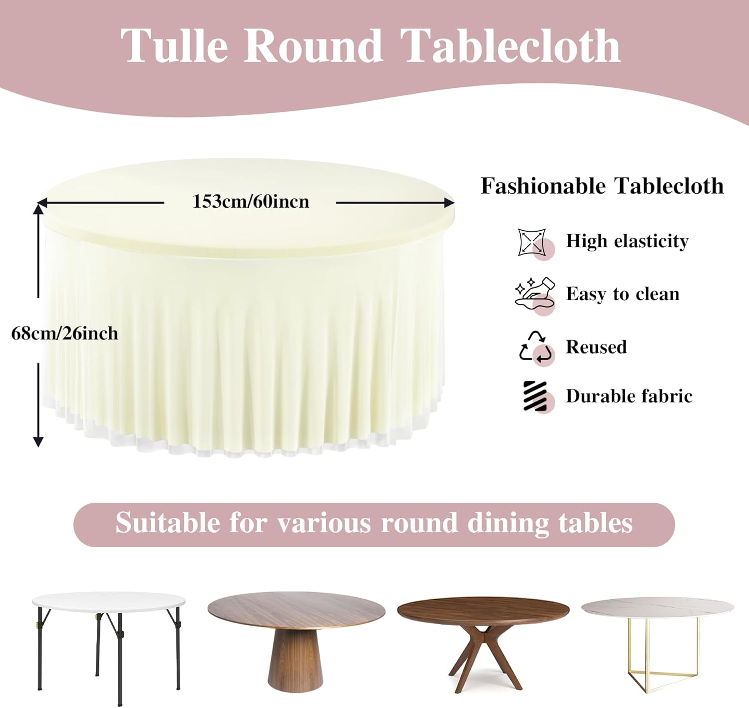 Ivory Tulle Round Tablecloth for 60 inch Tables, Spandex Fitted 5FT Ivory Round Table Covers with Tulle Skirt for Baby Shower Wedding Birthday Party Cake Banquet Table Decoration