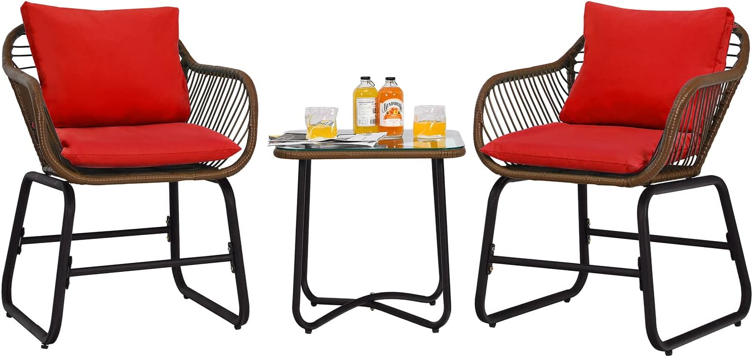 Tangkula 3 Pieces Patio Bistro Set, Patiojoy Outdoor PE Rattan Armchairs and Coffee Table Set with Comfortable Cushions & Adjustable Foot Pads, Suitable for Garden Backyard Balcony Poolside (Red)