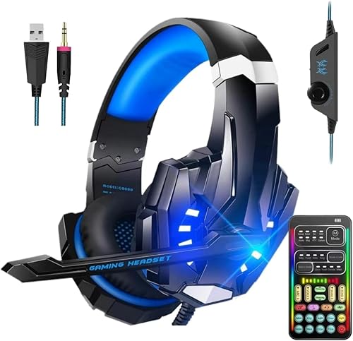 sktome Auriculares cambiadores de voz para juegos con micrófono, auriculares con luz LED fría sobre la oreja con control de volumen, reducción de