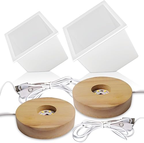 2 moldes de resina de cubo biselado grande, moldes cuadrados de resina de silicona de 4.09 pulgadas y 3.35 pulgadas con 2 bases de exhibición de