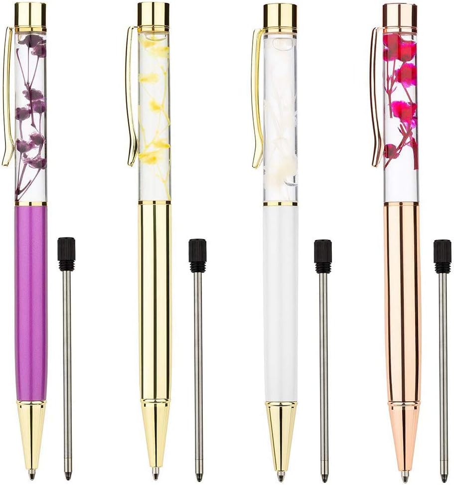 Flower Pens, 4 Pcs Metal Refills Dynamic Liquid Ballpoint Pens Office Supplies 0.7mm Black Ink 4 Colour Gold/Purple/White/Rose Gold